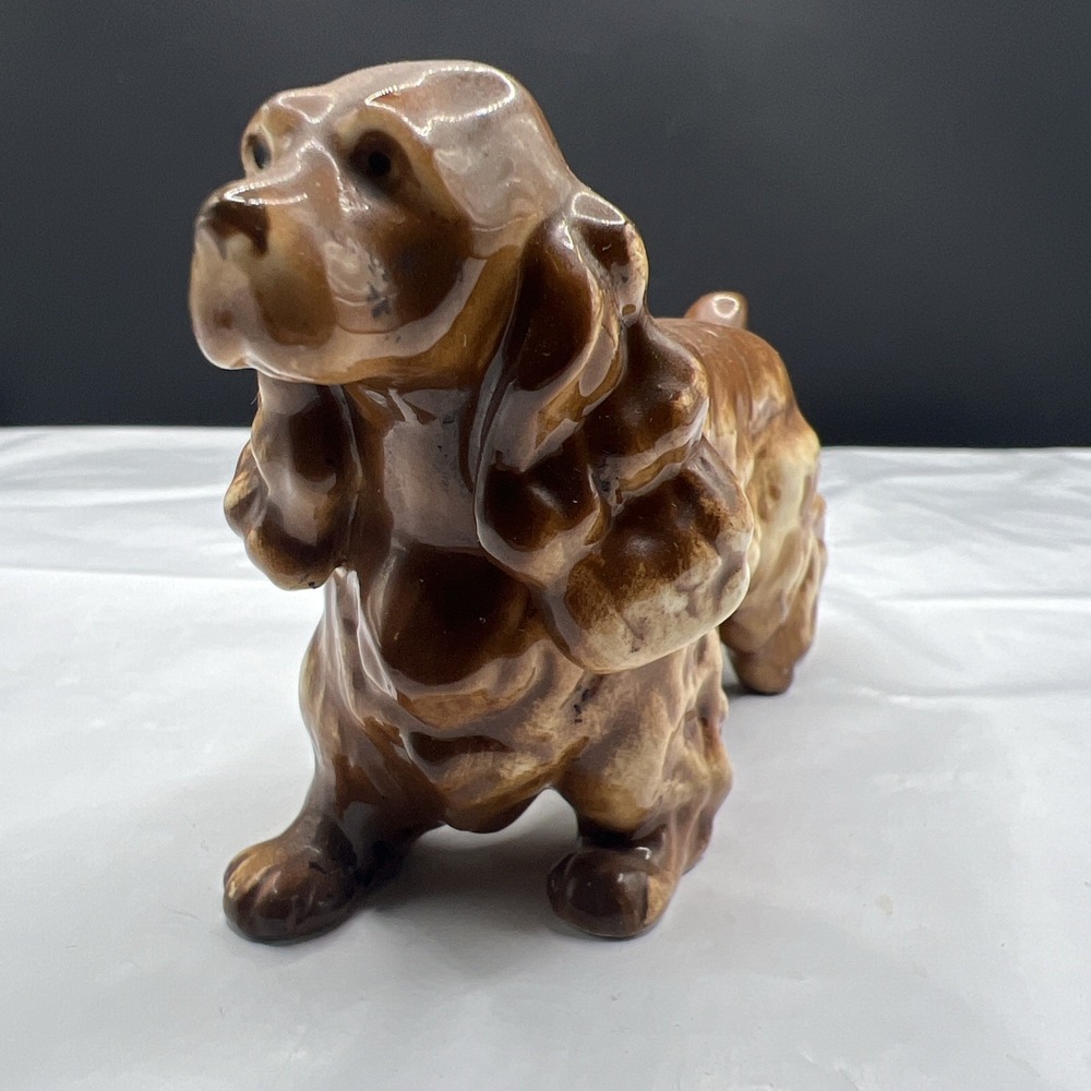 Vintage Ceramic Cocker Spaniel Dog Figurine Brown Drip Glaze Mid Century